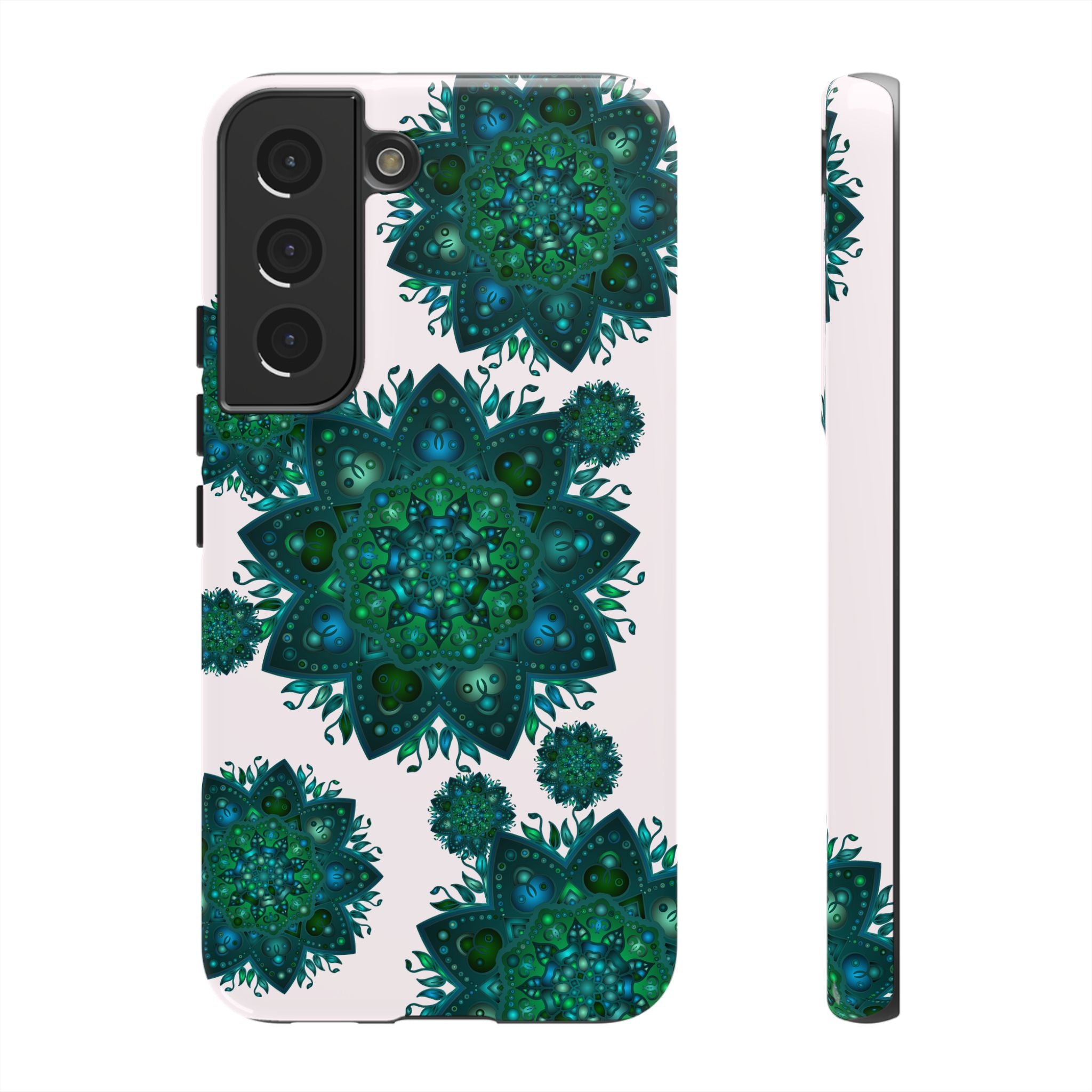 Beautiful light pink and green mandala phone case with peaceful and intricate design