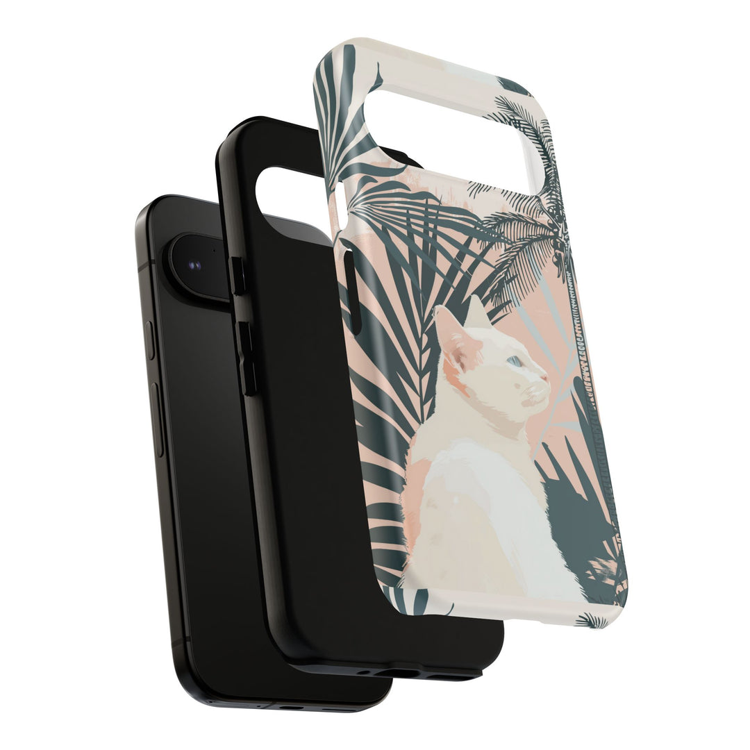 Tropische Katzen-Telefonhülle mit üppigen Palmenmotiven und sanften Pastelltönen