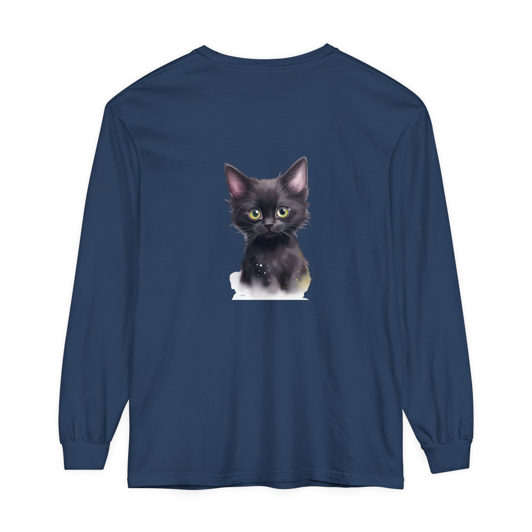 Adorable black kitten with bright green eyes printed on a comfortable t-shirt