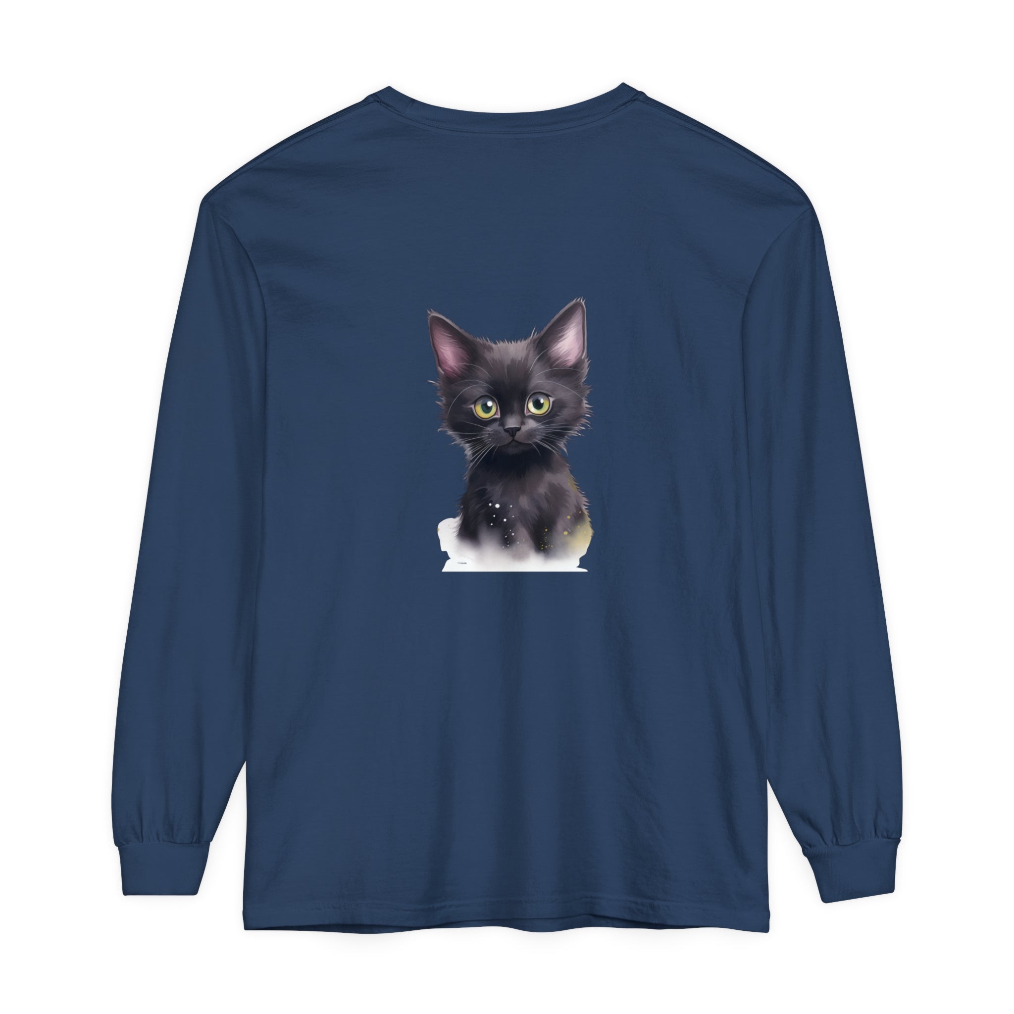 Adorable black kitten with bright green eyes printed on a comfortable t-shirt