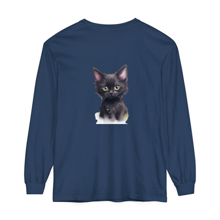 Adorable black kitten with bright green eyes printed on a comfortable t-shirt