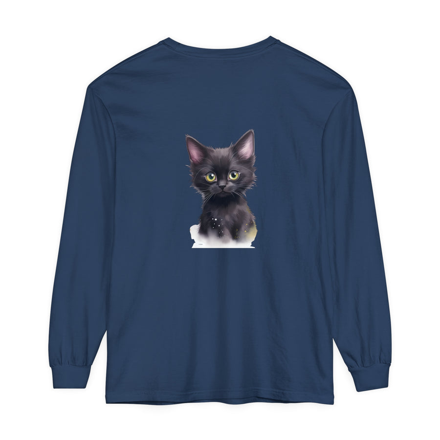 Adorable black kitten with bright green eyes printed on a comfortable t-shirt