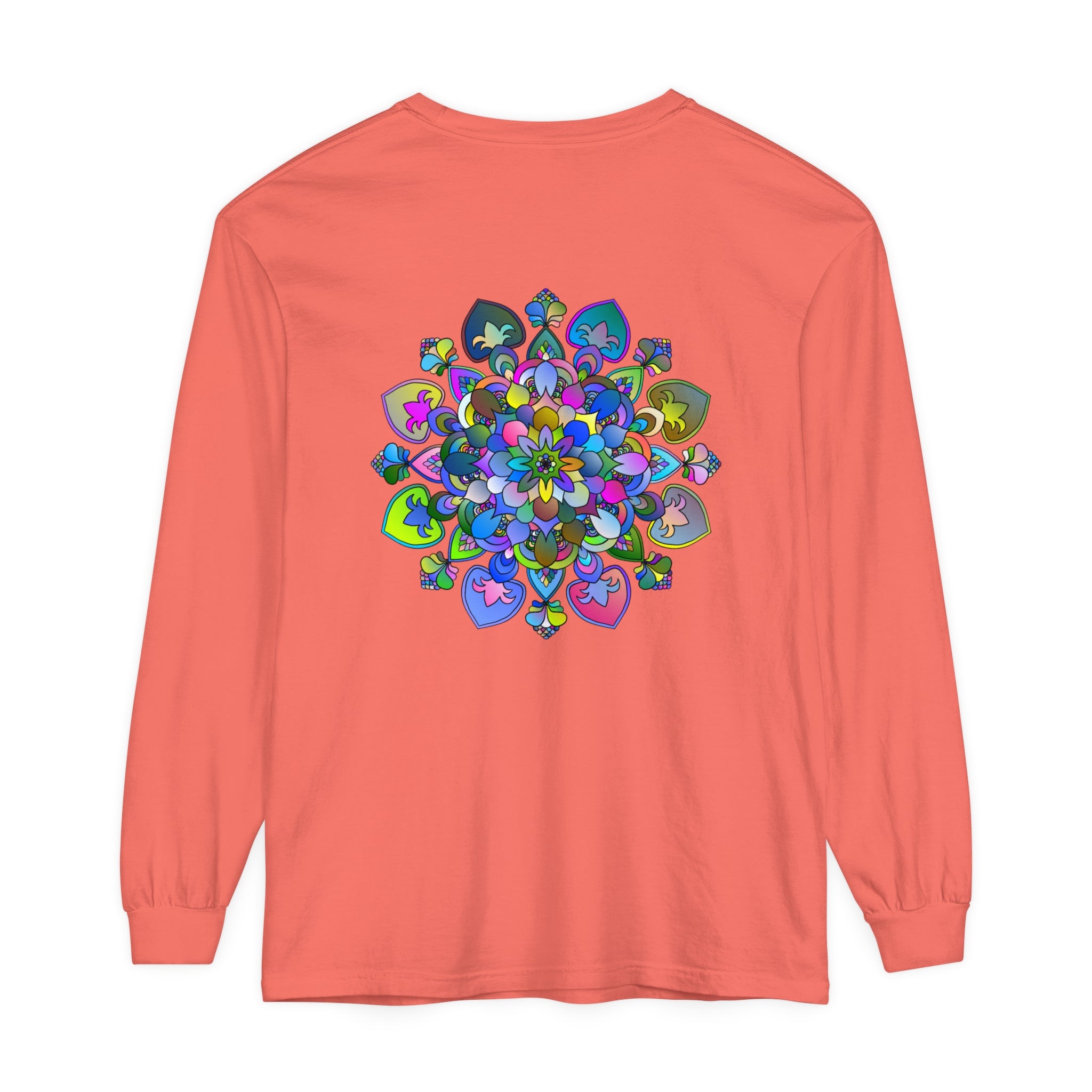 Colorful, intricate mandala design printed on long sleeve t-shirt