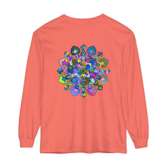 Colorful, intricate mandala design printed on long sleeve t-shirt
