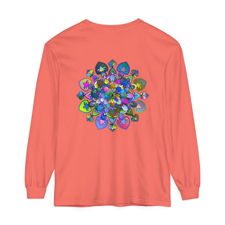 Colorful, intricate mandala design printed on long sleeve t-shirt