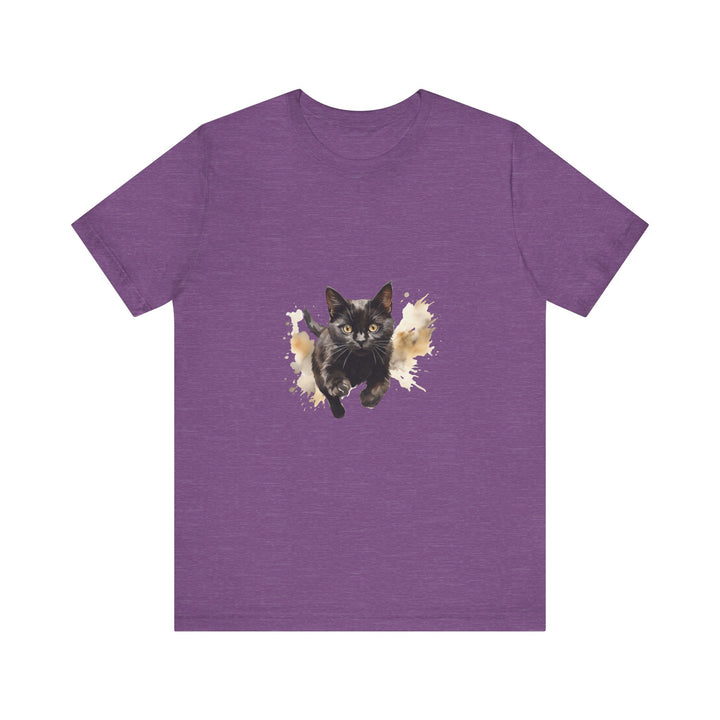 Black Cat Watercolor Sprint T-Shirt with vibrant watercolor cat design on a black background, perfect for feline lovers and art enthusiasts