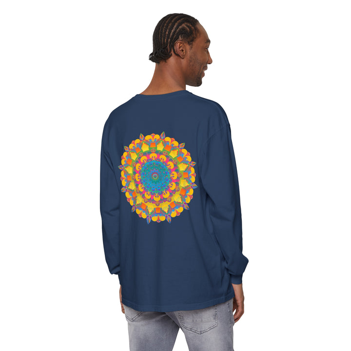 Colorful and intricate mandala design on a unisex long sleeve t-shirt