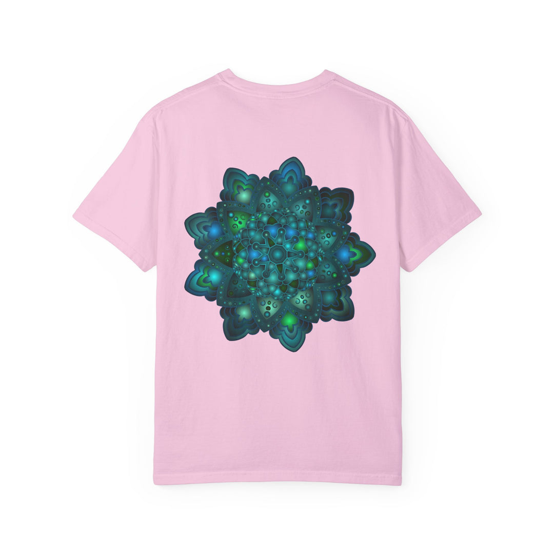 Unisex t-shirt featuring an intricate blue and green mandala design