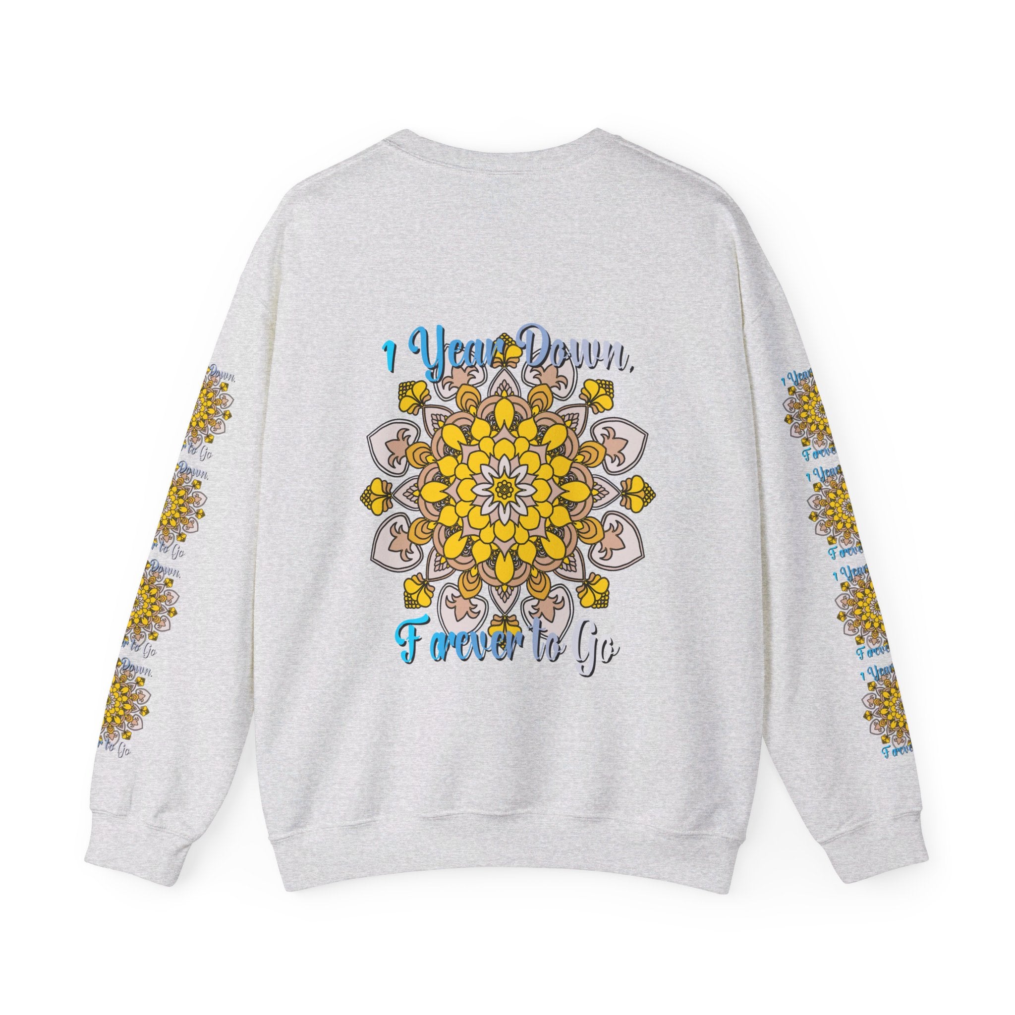 Unisex Heavy Blend™ Crewneck Sweatshirt with '1 Year Down, Forever to Go' design, perfect First Year Wedding Anniversary Gift