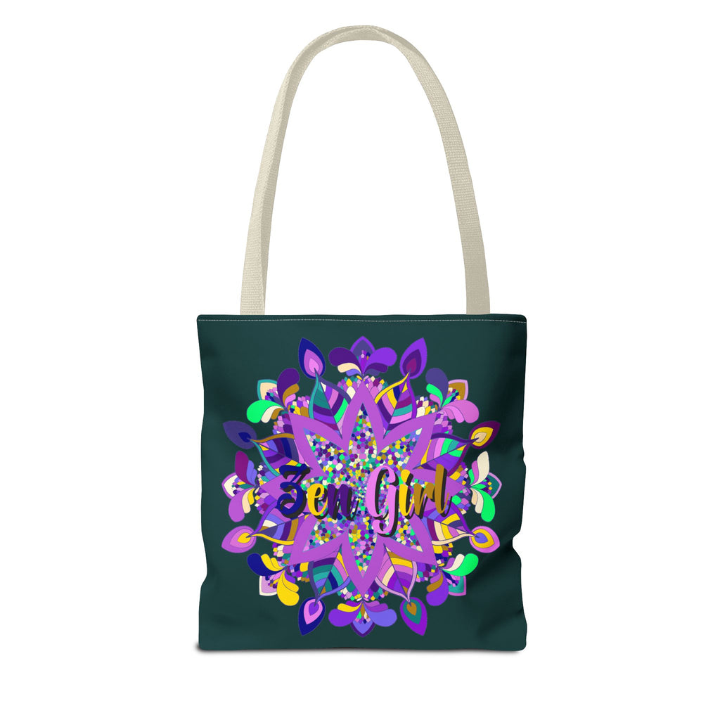 Dark green zen girl mandala tote bag with colorful design by Blululi