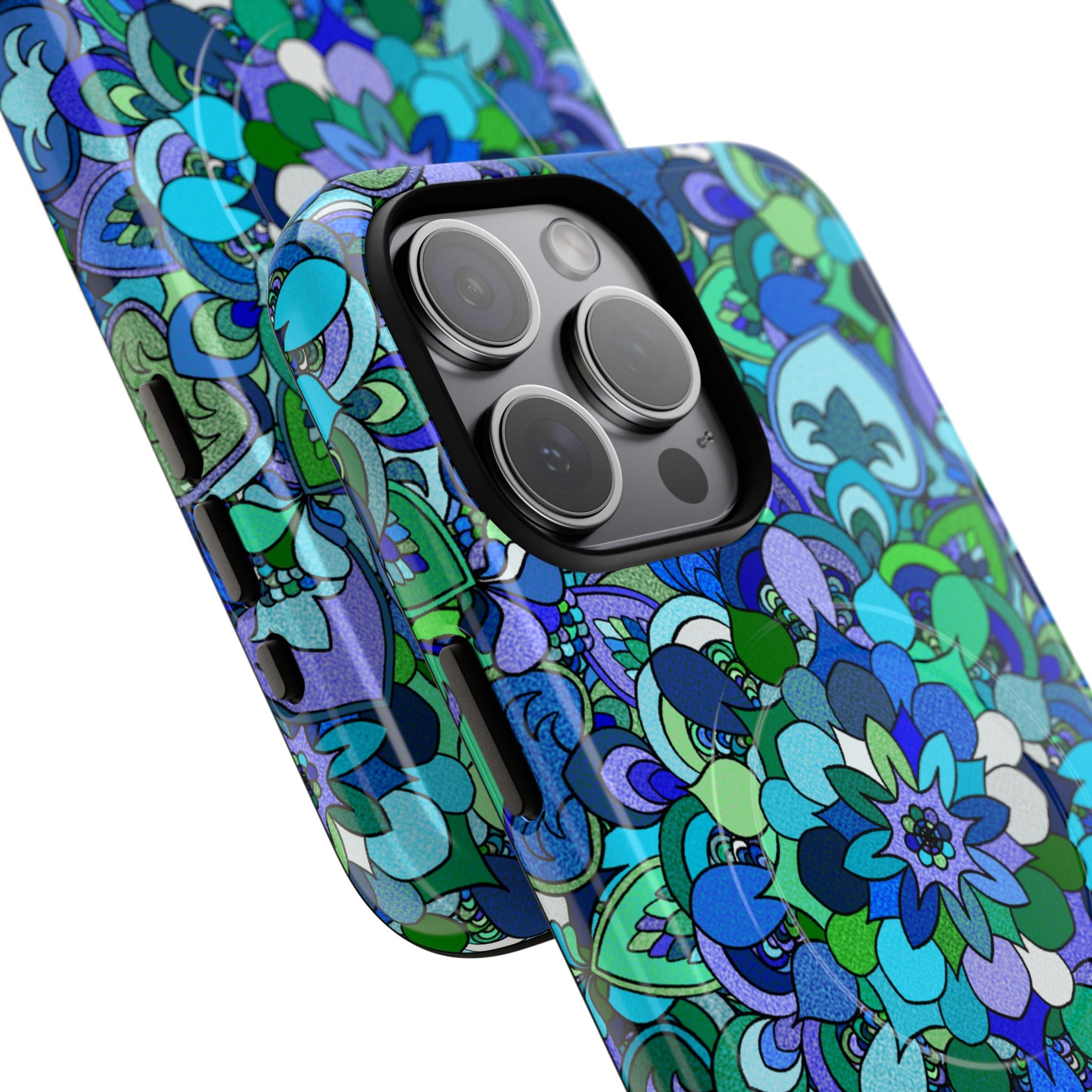 Cover Rigida Magnetica per Telefono con Mandala Floreale — Motivo Blu Verde