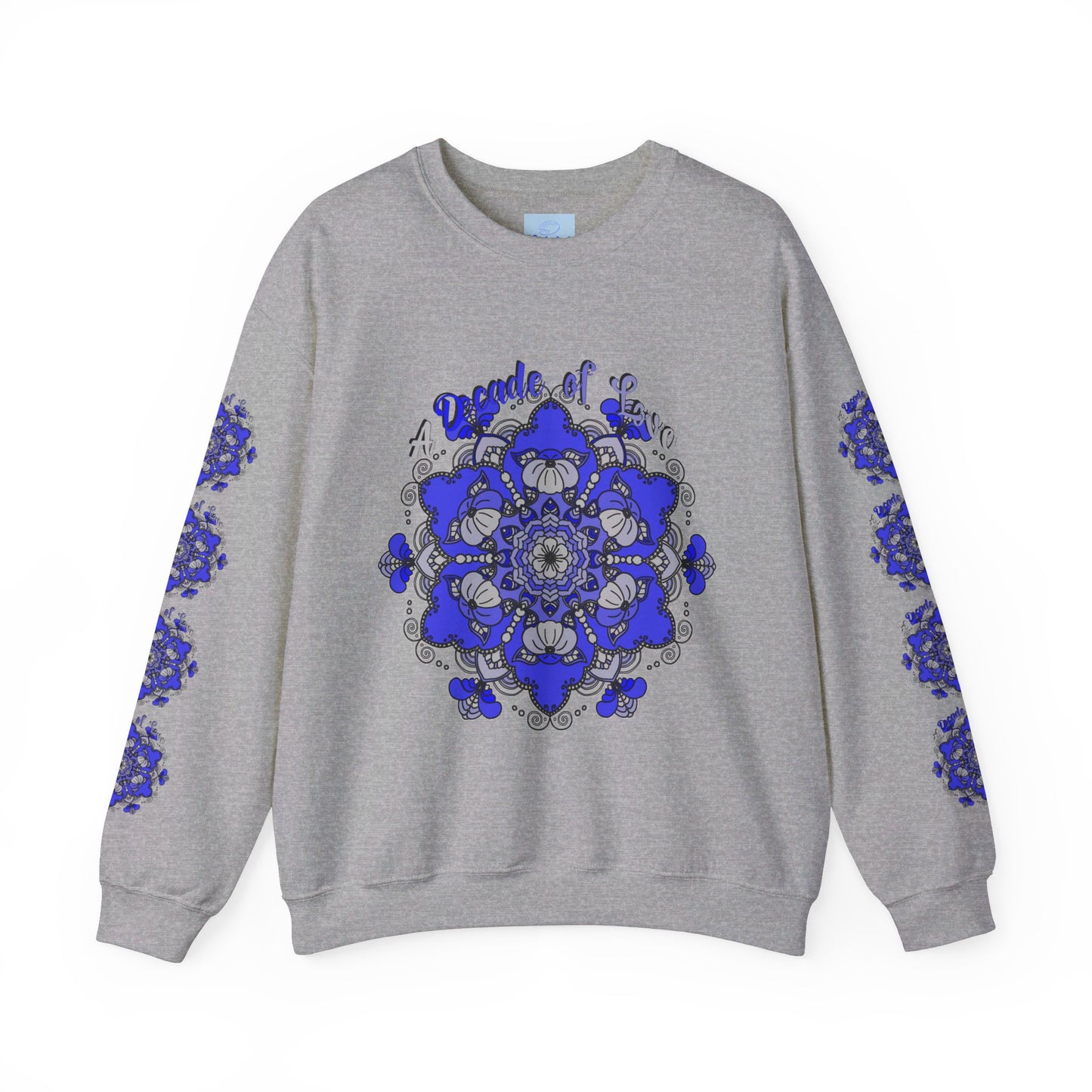  Close-up of the mandala design on the 10th Anniversary Unisex Sweatshirt, featuring vibrant colors and detailed craftsmanship 