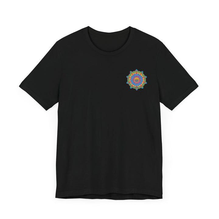 A colorful and intricate mandala design on a vibrant tee promoting spiritual peace and harmony