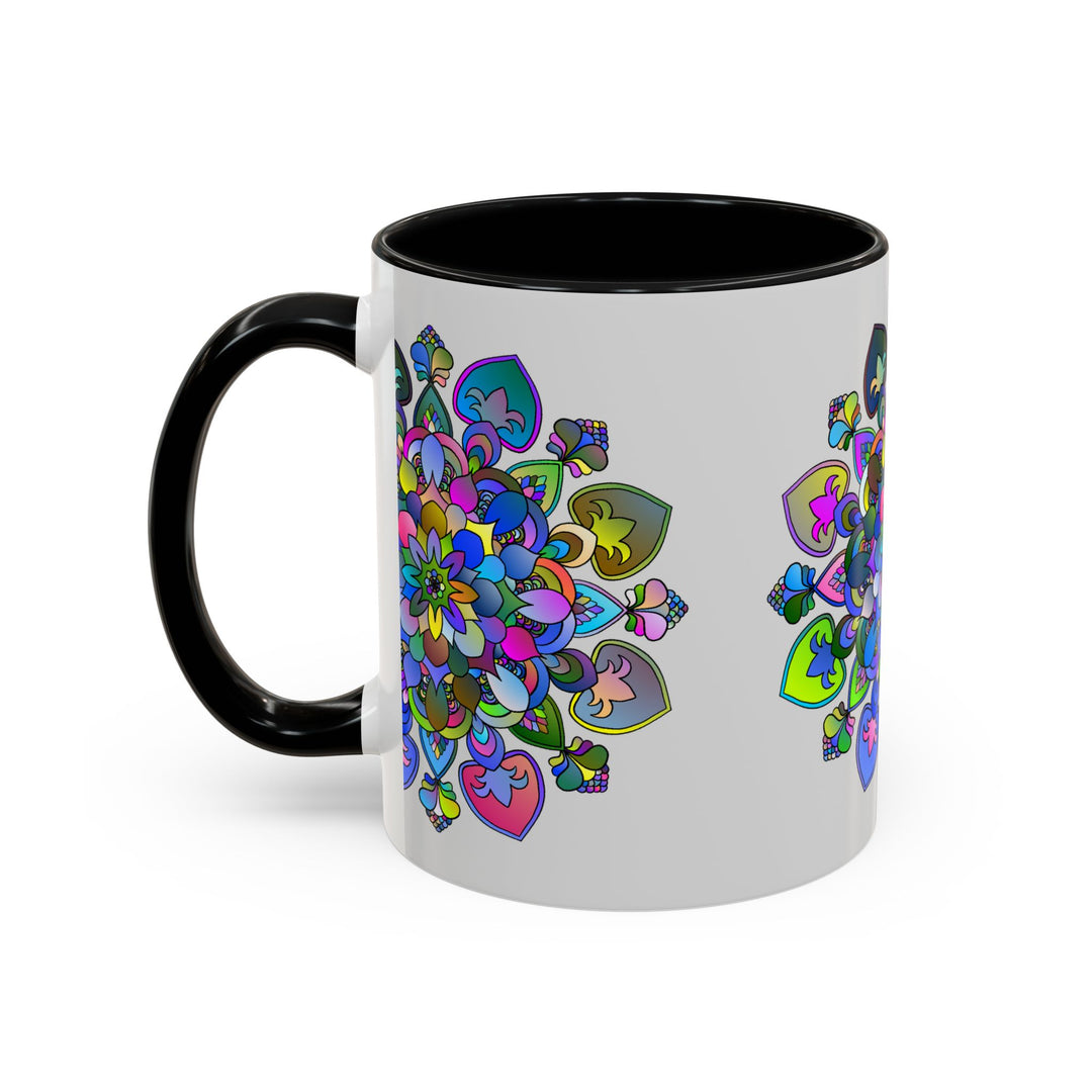 A beautiful grey mug featuring a colorful mandala floral design