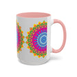 A close-up image of a colorful geometric design Mandala Art Mug, perfect for enjoying your favorite hot beverage in style
