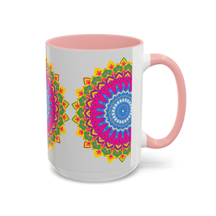 A close-up image of a colorful geometric design Mandala Art Mug, perfect for enjoying your favorite hot beverage in style