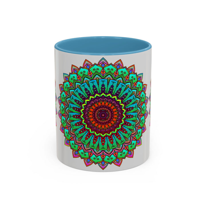 Beautiful light grey mug with colorful mandala art design, perfect for enjoying your favorite hot beverages in style