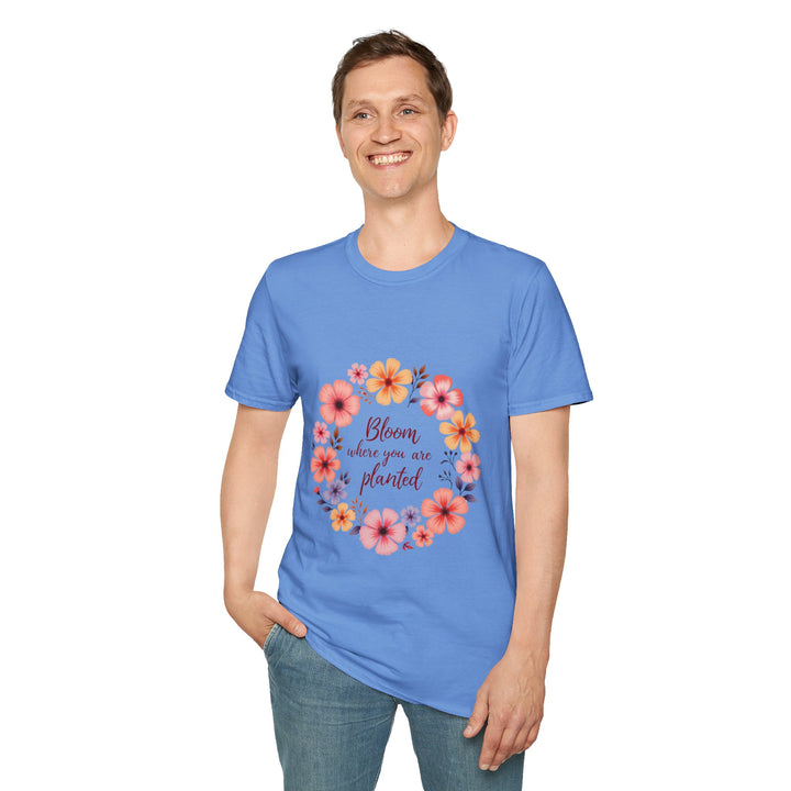 Colorful t-shirt with a mandala design and inspirational quote amidst floral patterns