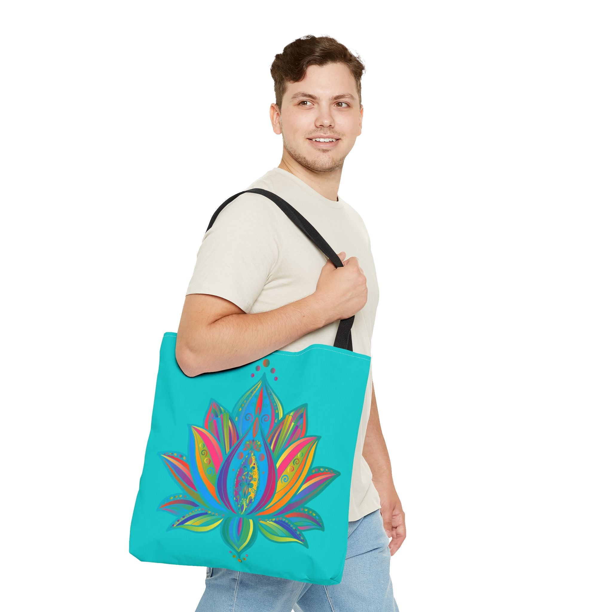 Beautiful handcrafted azure Mandala Lotus Tote Bag, perfect for carrying your belongings in style and embracing tranquility