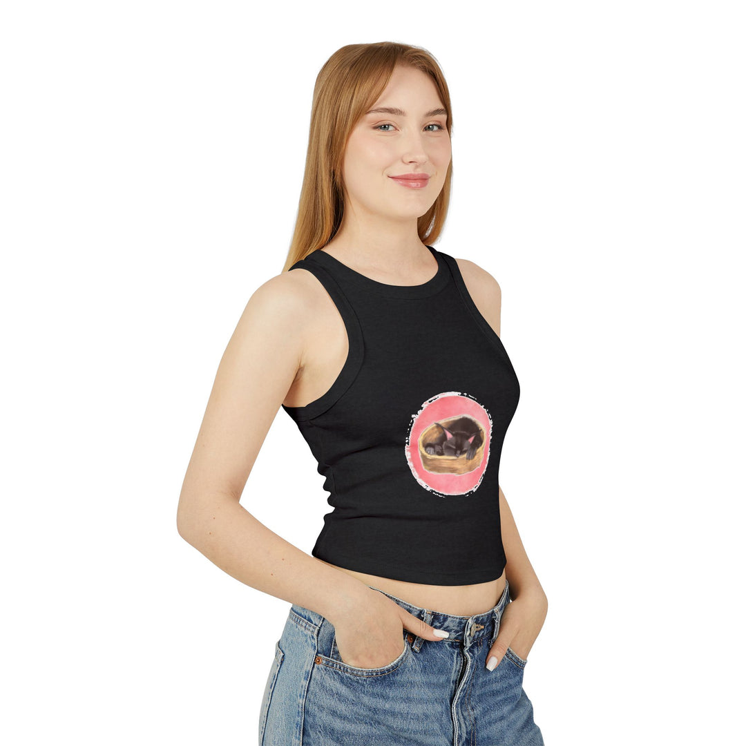 A soft and comfy black racerback tank top featuring a sleeping cat design