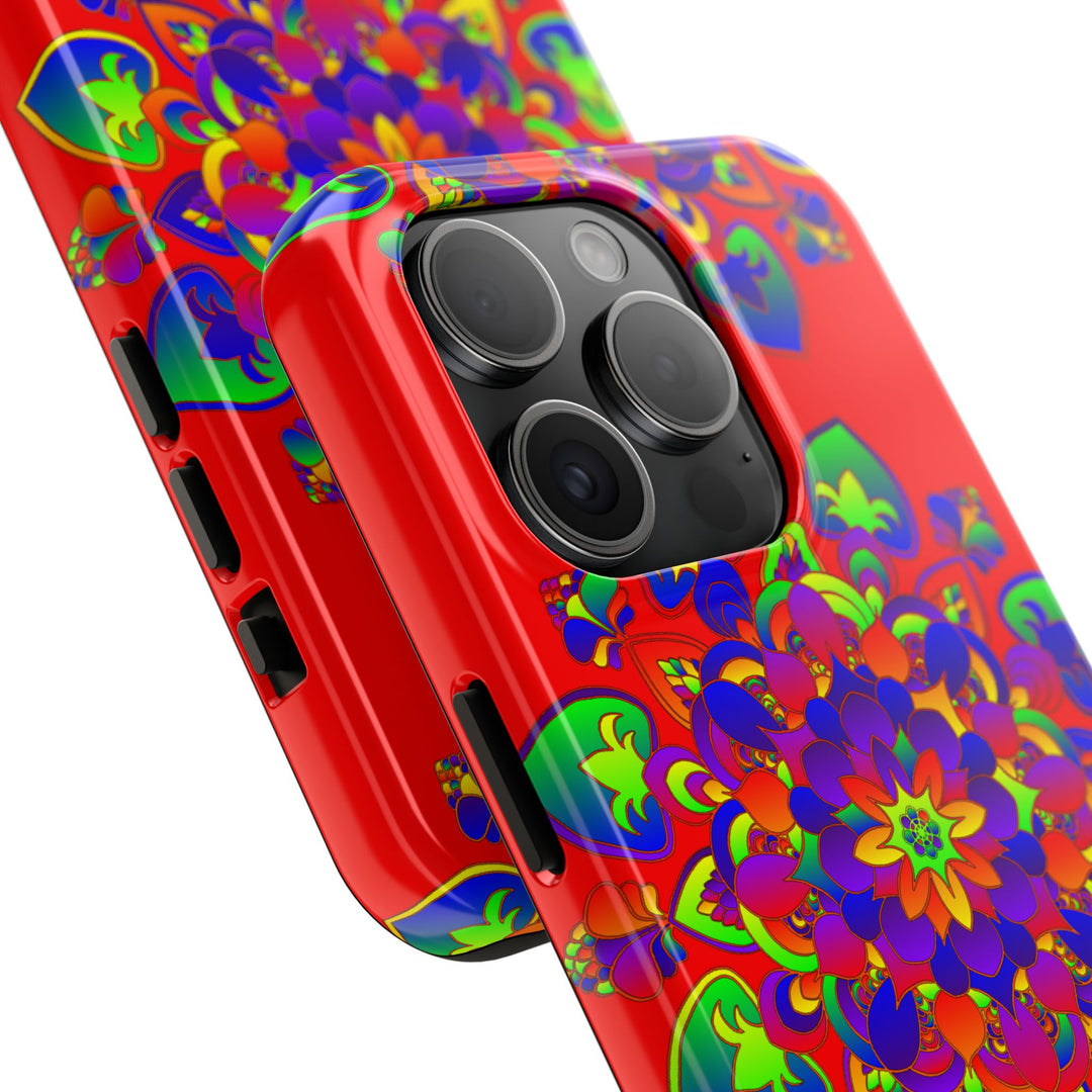 Hand drawn red mandala art phone case with intricate and detailed design