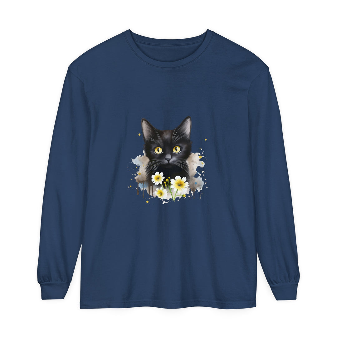 Beautiful watercolor floral design featuring a black cat on unisex t-shirt