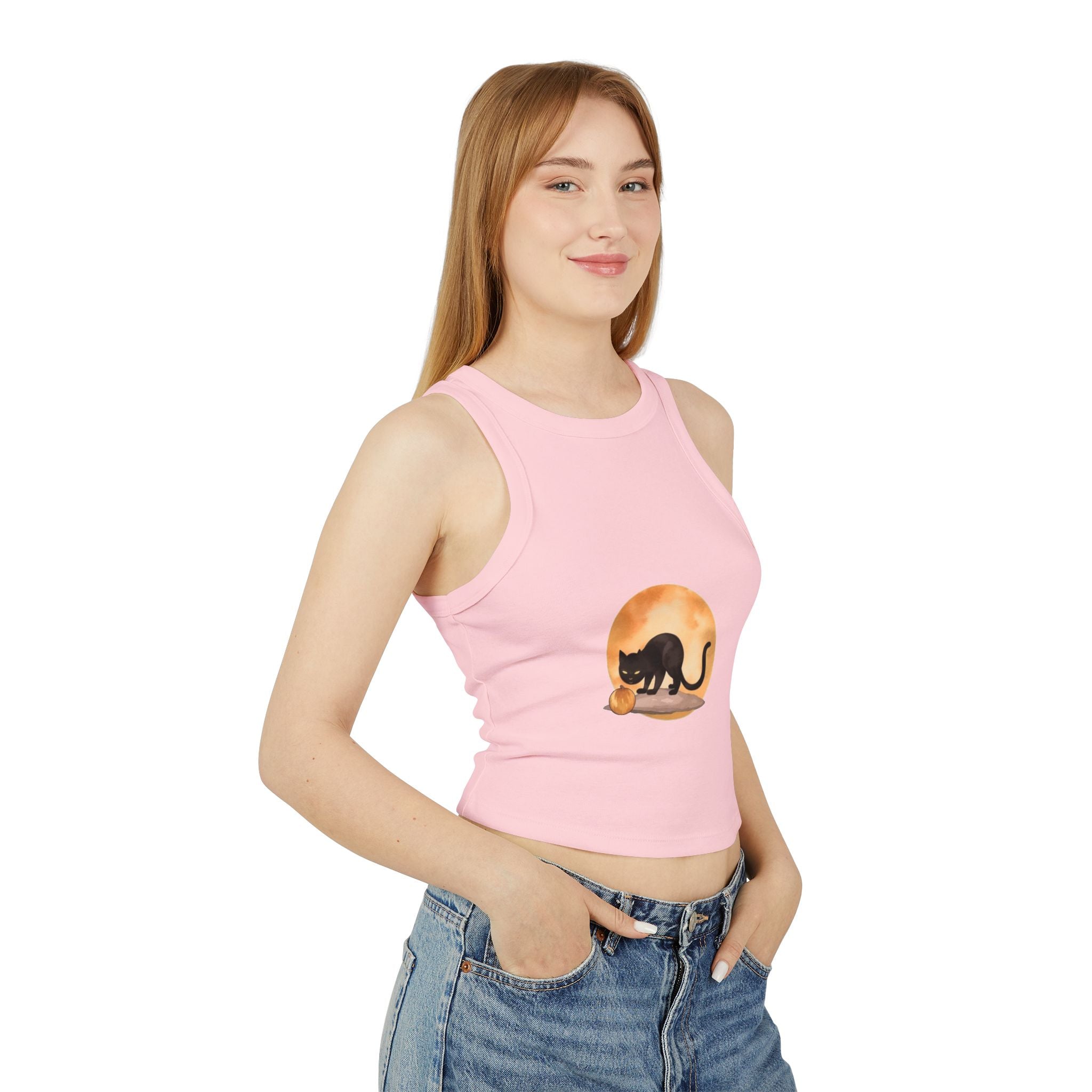 Black Cat Moonlit Pumpkin Racerback Tank Top for spooky themed events