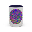 Colorful mandala design mug with intricate spiritual art patterns for a psychedelic and soothing beverage experience
