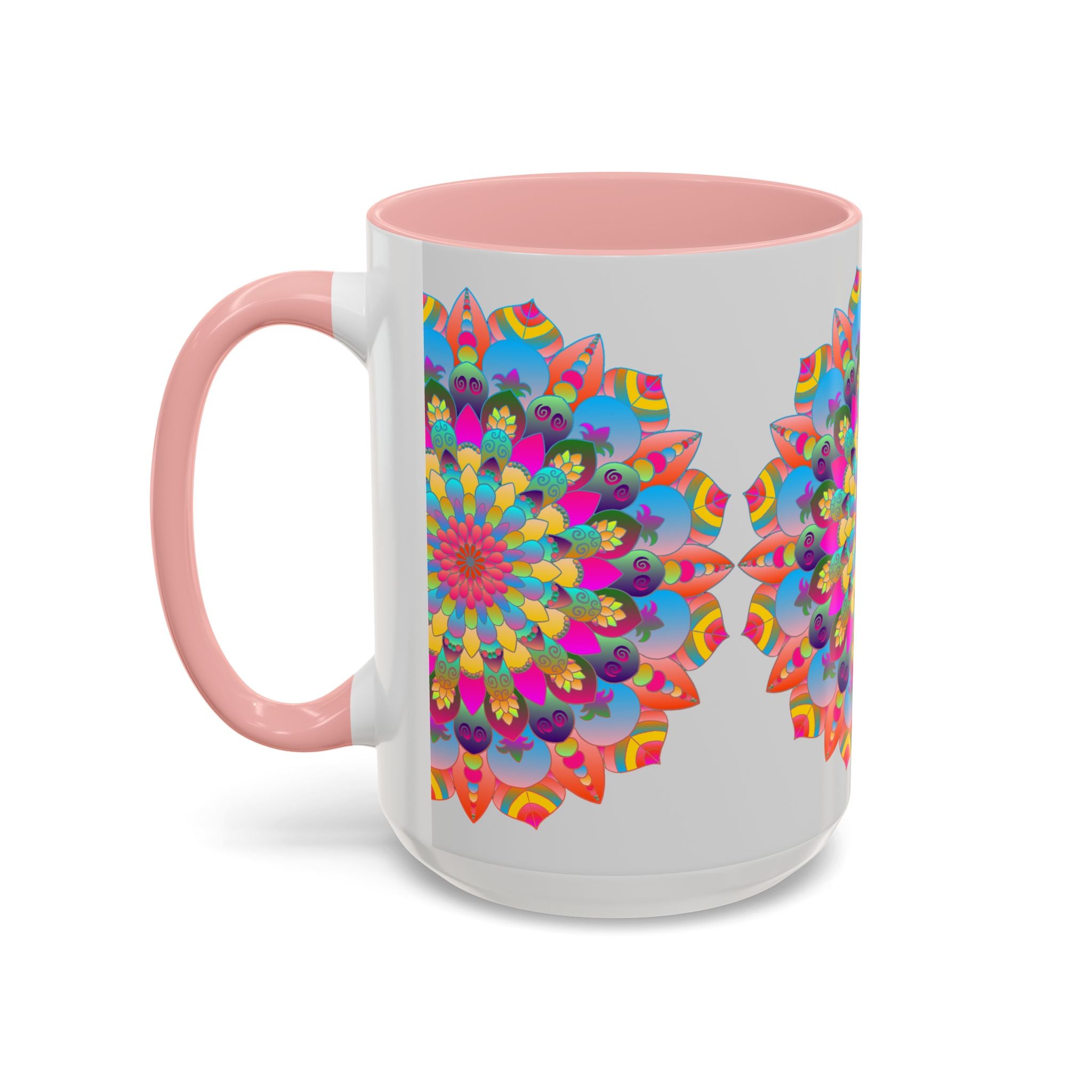 Colorful mandala art mug featuring a vibrant circular design and intricate patterns