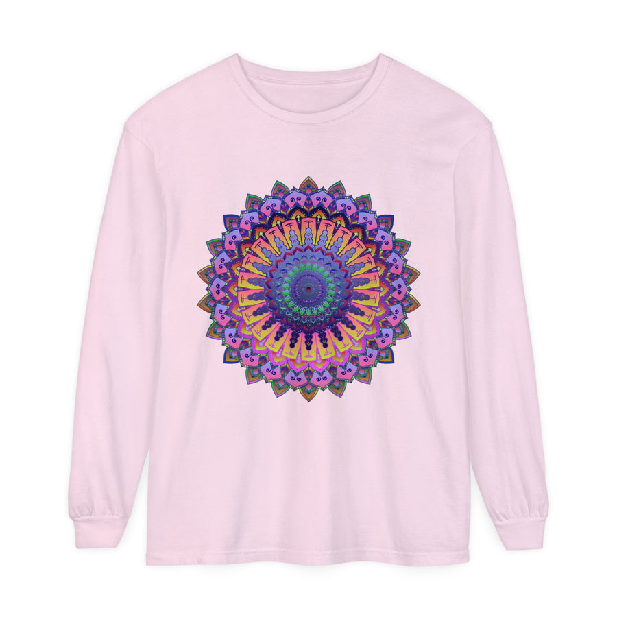 Intricate mandala design featuring intricate patterns on a unisex long sleeve t-shirt