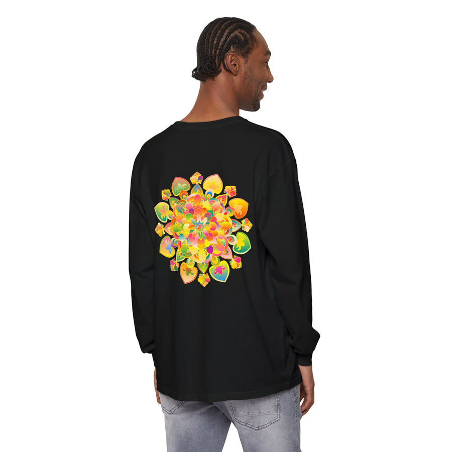 Colorful and intricate psychedelic mandala design on a long sleeve t-shirt