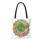 A vibrant and intricately designed mandala tote bag with an all-over print
