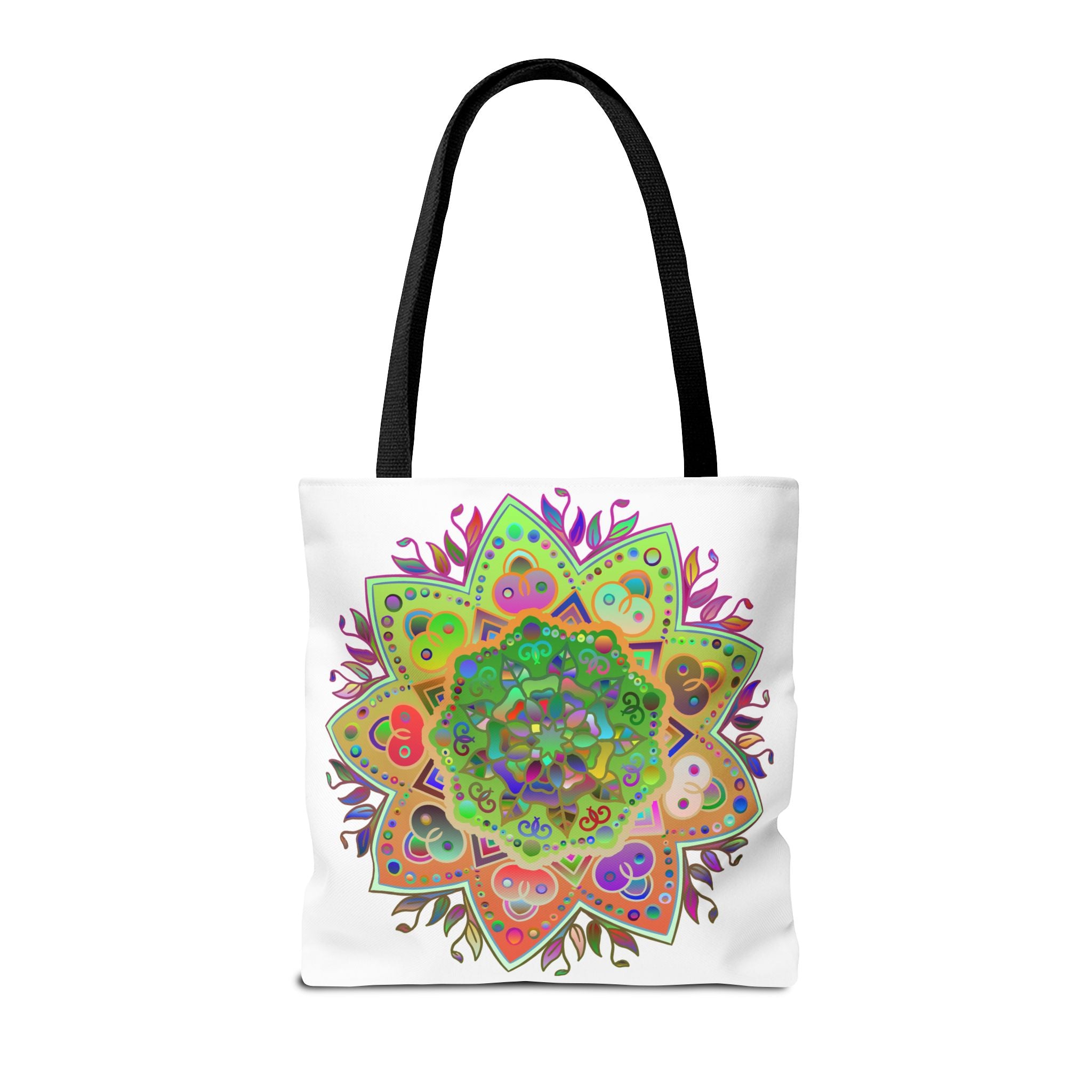 A vibrant and intricately designed mandala tote bag with an all-over print