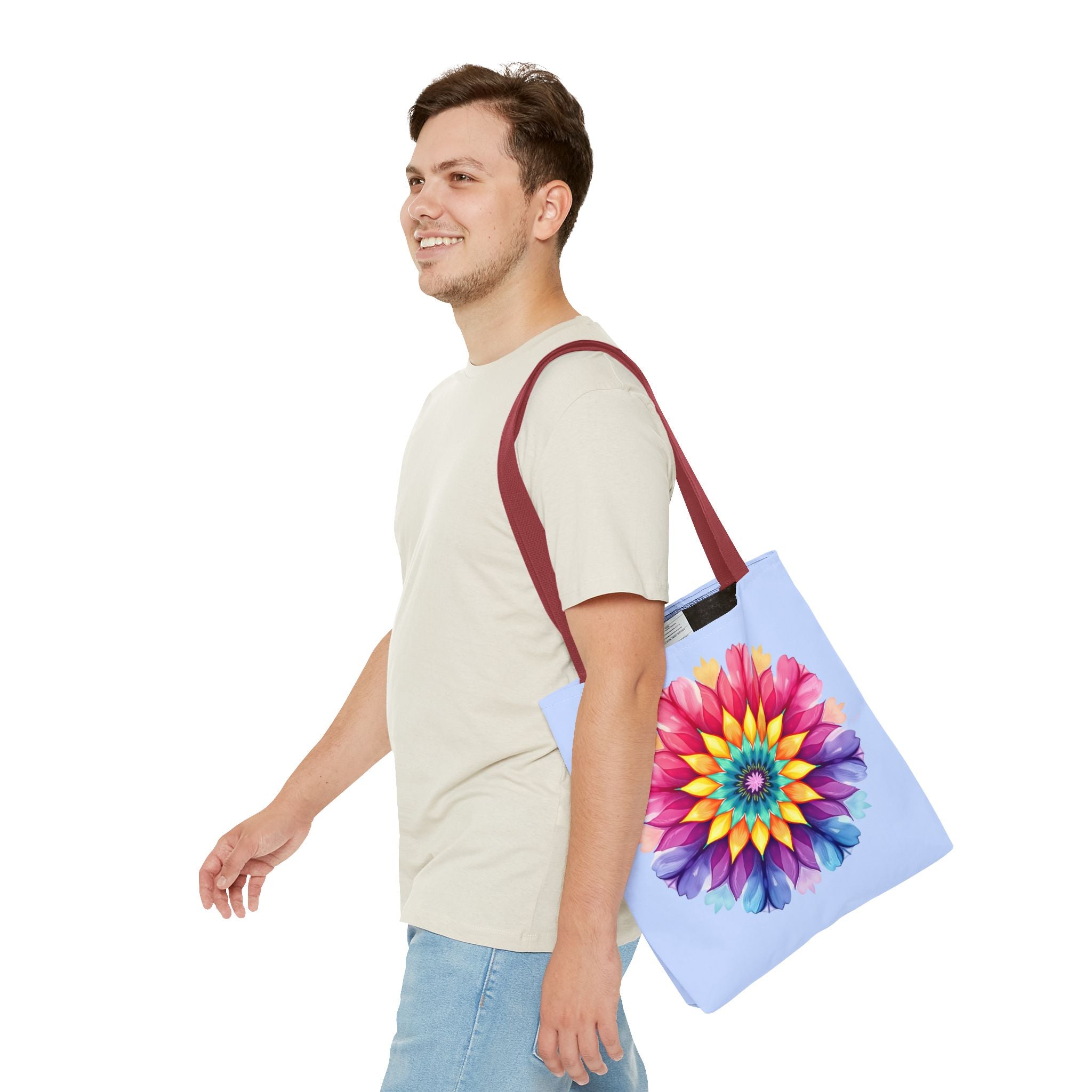 Colorful and intricate rainbow mandala pattern tote bag with sturdy handles