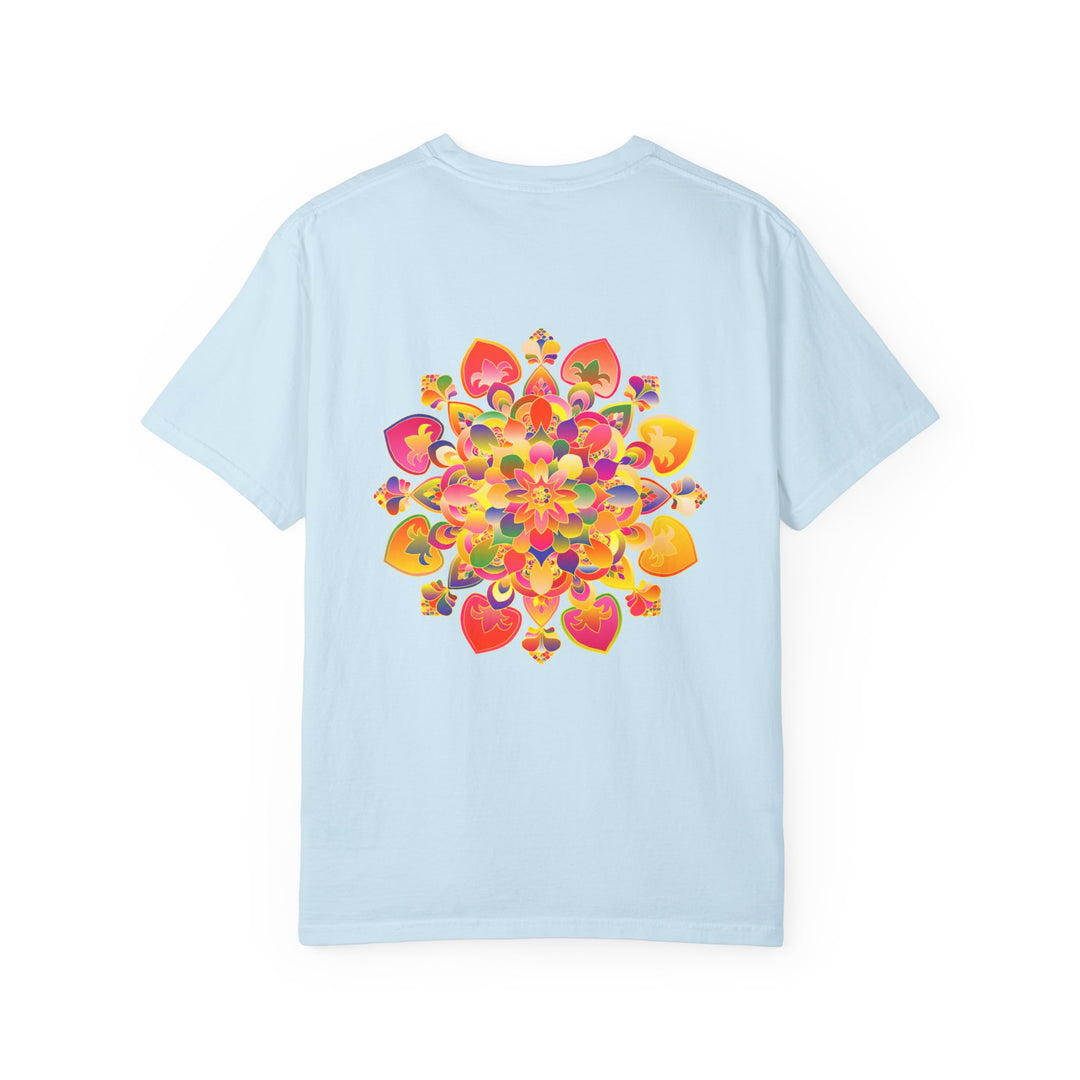 Colorful and intricate hand-drawn mandala design on a vibrant t-shirt