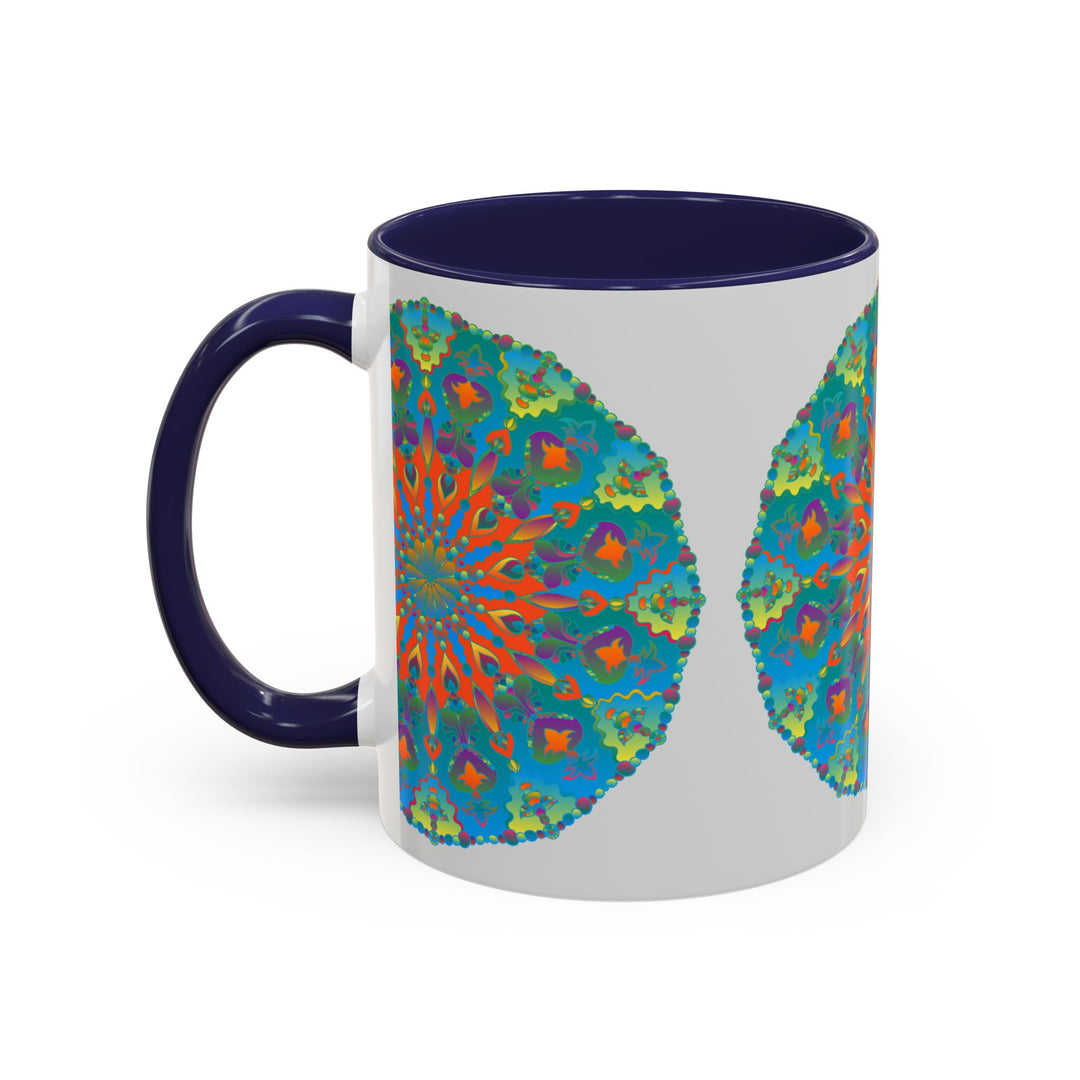 Beautiful handcrafted ceramic mug featuring an intricate mandala design in shades of blue and green, perfect for enjoying your favorite hot beverage