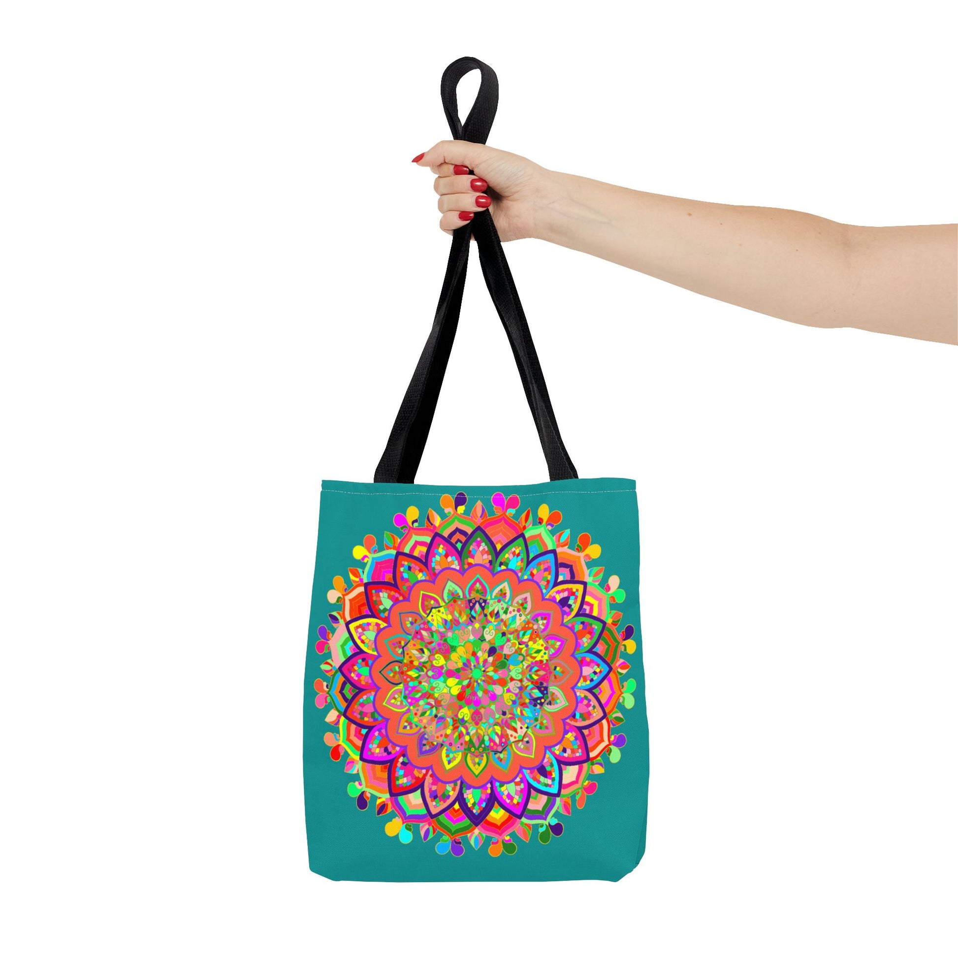 Beautiful aquamarine tote bag featuring a vibrant and intricate mandala design