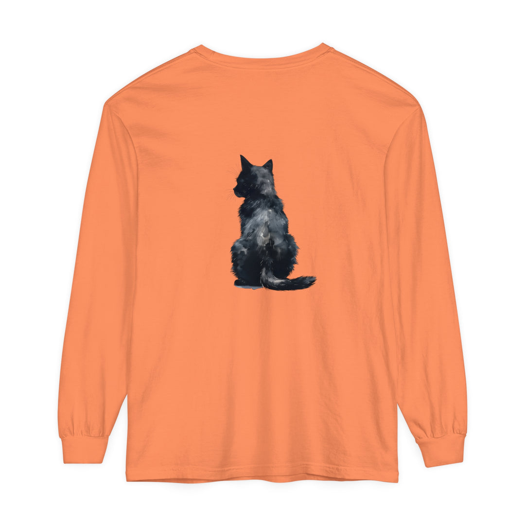 Black Cat Watercolor Long Sleeve T-Shirt featuring a detailed watercolor design of a black cat on a comfortable, long-sleeve shirt