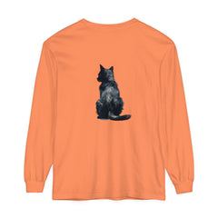 Black Cat Watercolor Long Sleeve T-Shirt featuring a detailed watercolor design of a black cat on a comfortable, long-sleeve shirt