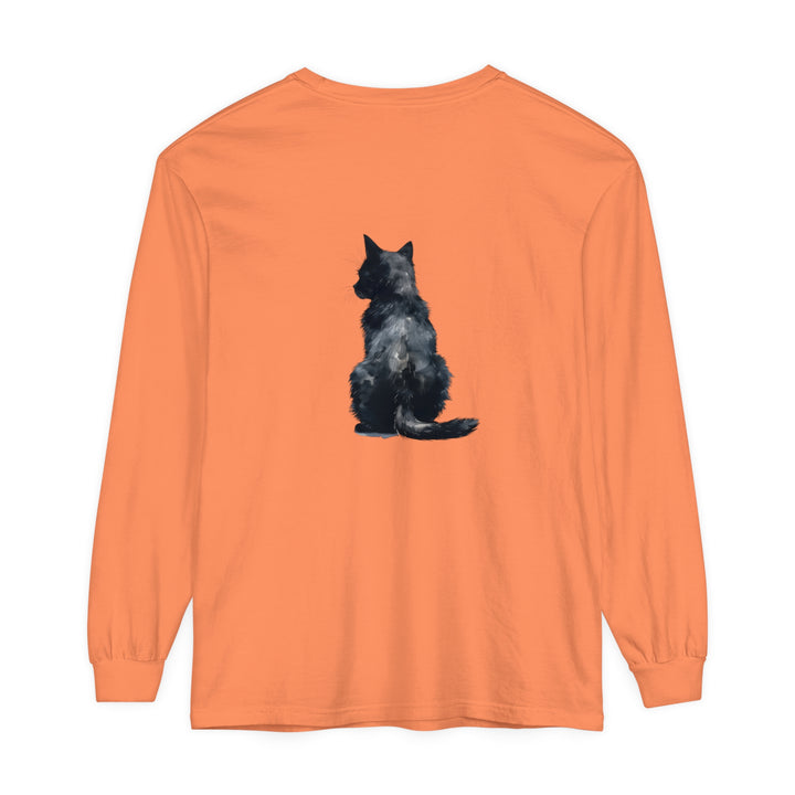 Black Cat Watercolor Long Sleeve T-Shirt featuring a detailed watercolor design of a black cat on a comfortable, long-sleeve shirt