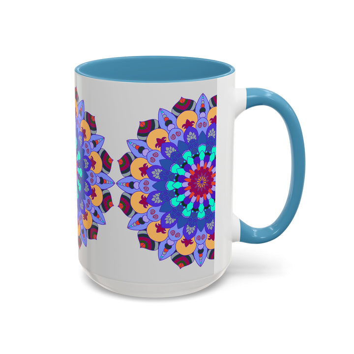 Colorful and symmetrical mandala art mug featuring intricate designs in various vibrant hues