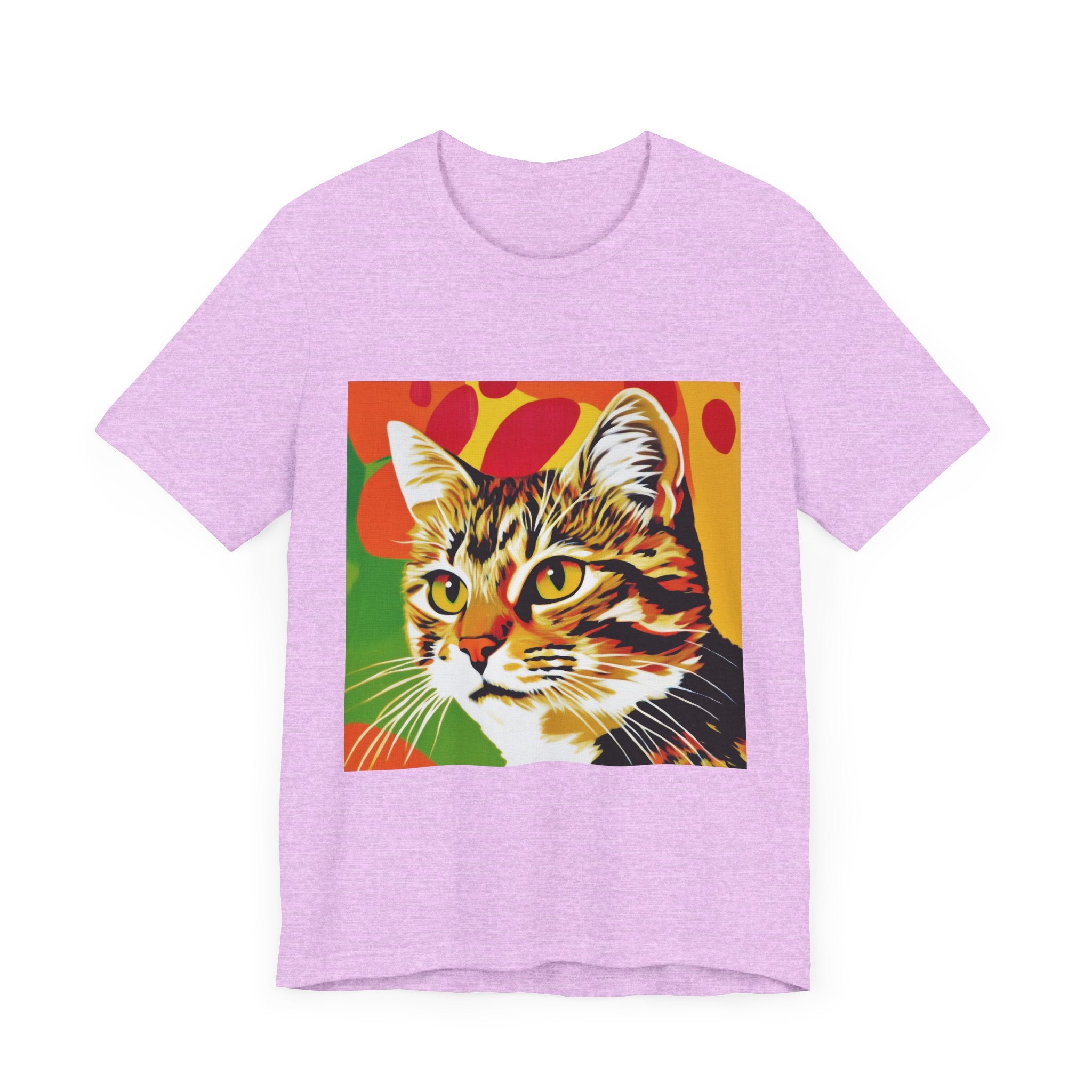 Colorful and vibrant short sleeve tee featuring a pop art design of a tabby cat