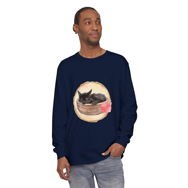 Watercolor illustration of a sleeping cat in a bowl printed on a comfortable long sleeve t-shirt