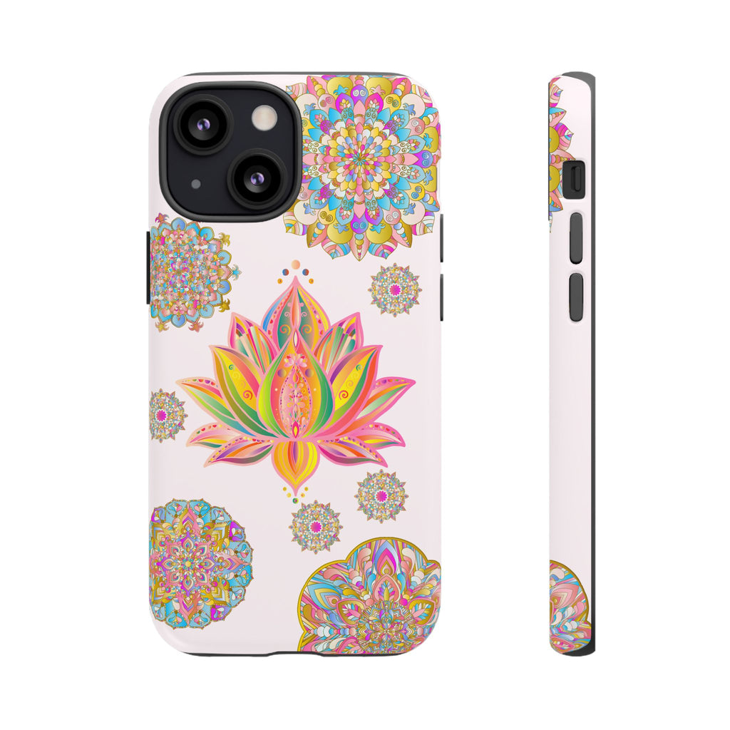 Beautiful light pink phone case featuring a mandala design and lotus flower