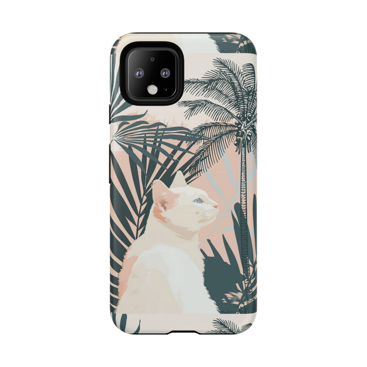 Tropische Katzen-Telefonhülle mit üppigen Palmenmotiven und sanften Pastelltönen