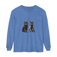 Long sleeve black t-shirt featuring watercolor art of a cat