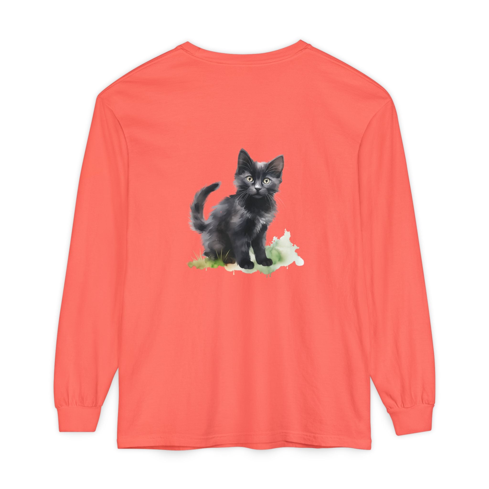Maglietta a maniche lunghe con gatto nero e acquerello