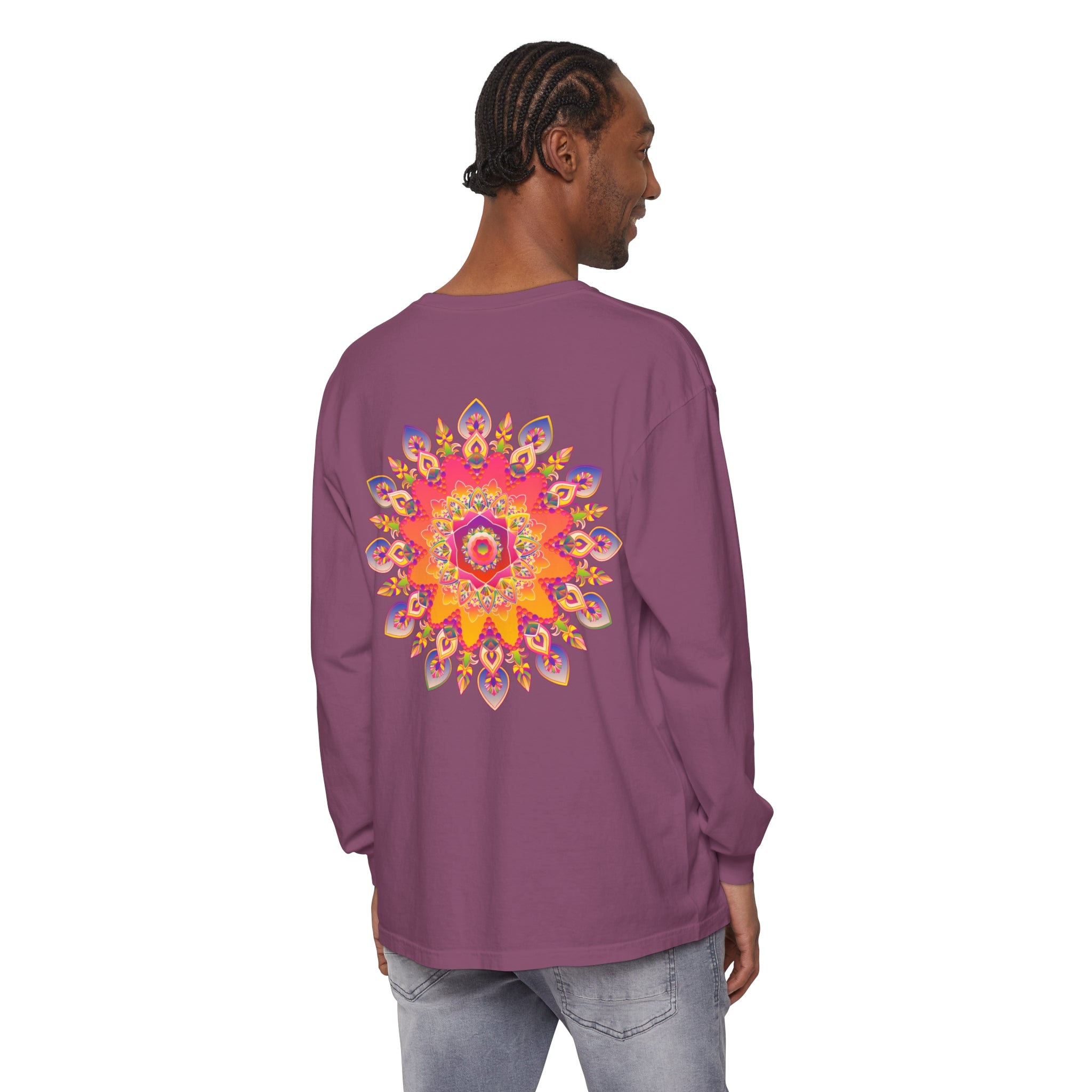 Vibrant Mandala Unisex Long Sleeve T-Shirt featuring intricate and colorful mandala design