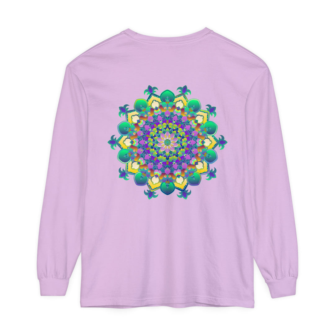 A close-up image of an intricate mandala design on a long sleeve t-shirt