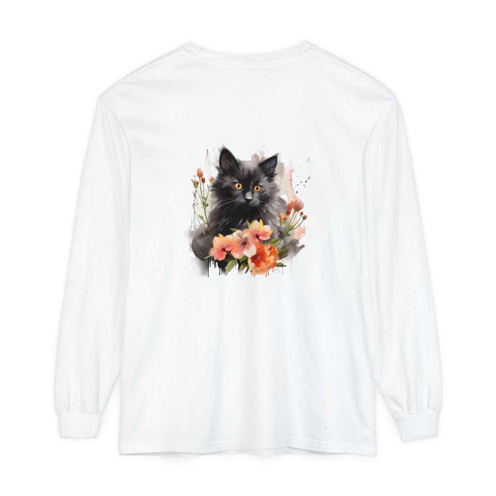 A beautiful watercolor t-shirt featuring a black cat surrounded by colorful flowers